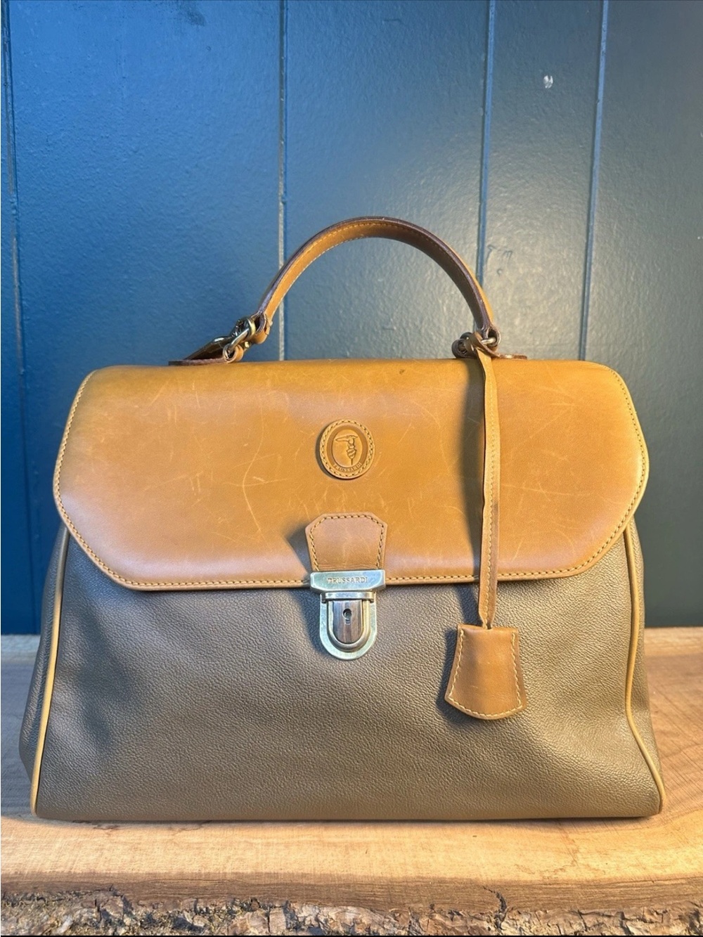 Vintage Trussardi Italy Leather Doctor Satchel Shoulder Bag Two Tone